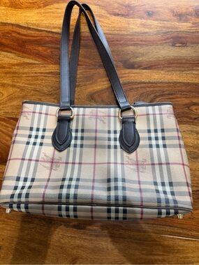 Burberry Beige Plaid Tote with Dark Brown Straps